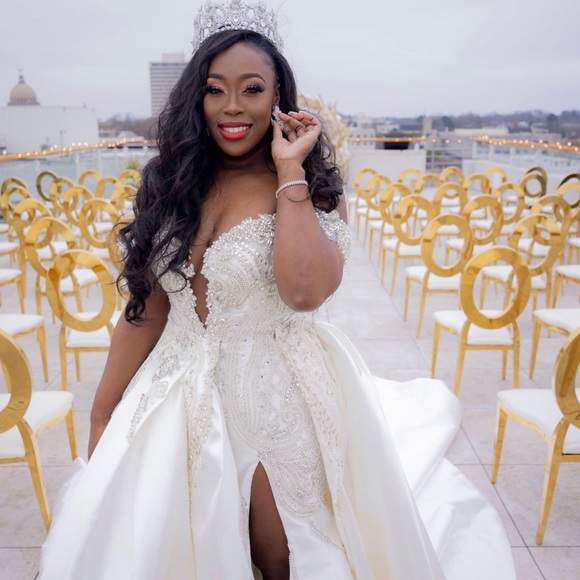 Ese Ezenabor custom pearl colored  satin, jeweled, wedding gown with train - Picture 8 of 8